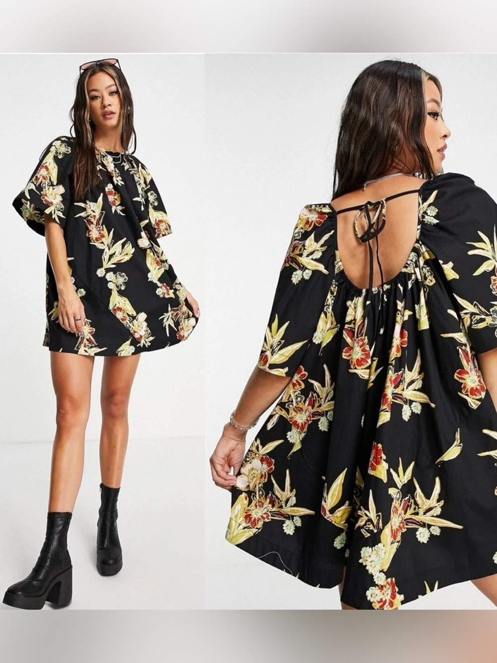 Free People Black Floral Off-Shoulder Blouse with Yellow & Red Print